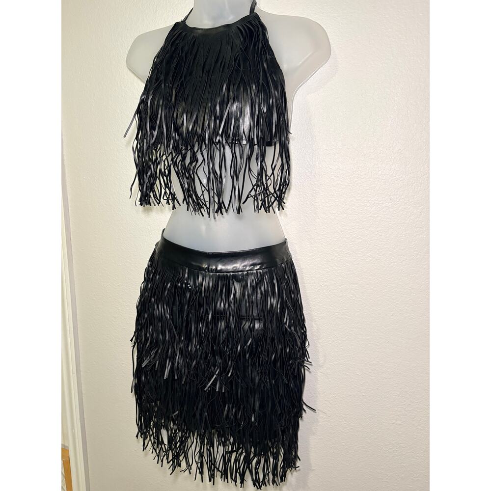 Hot & Delicious NWT Black Faux Leather Fringe Festival Set Top Skirt Small